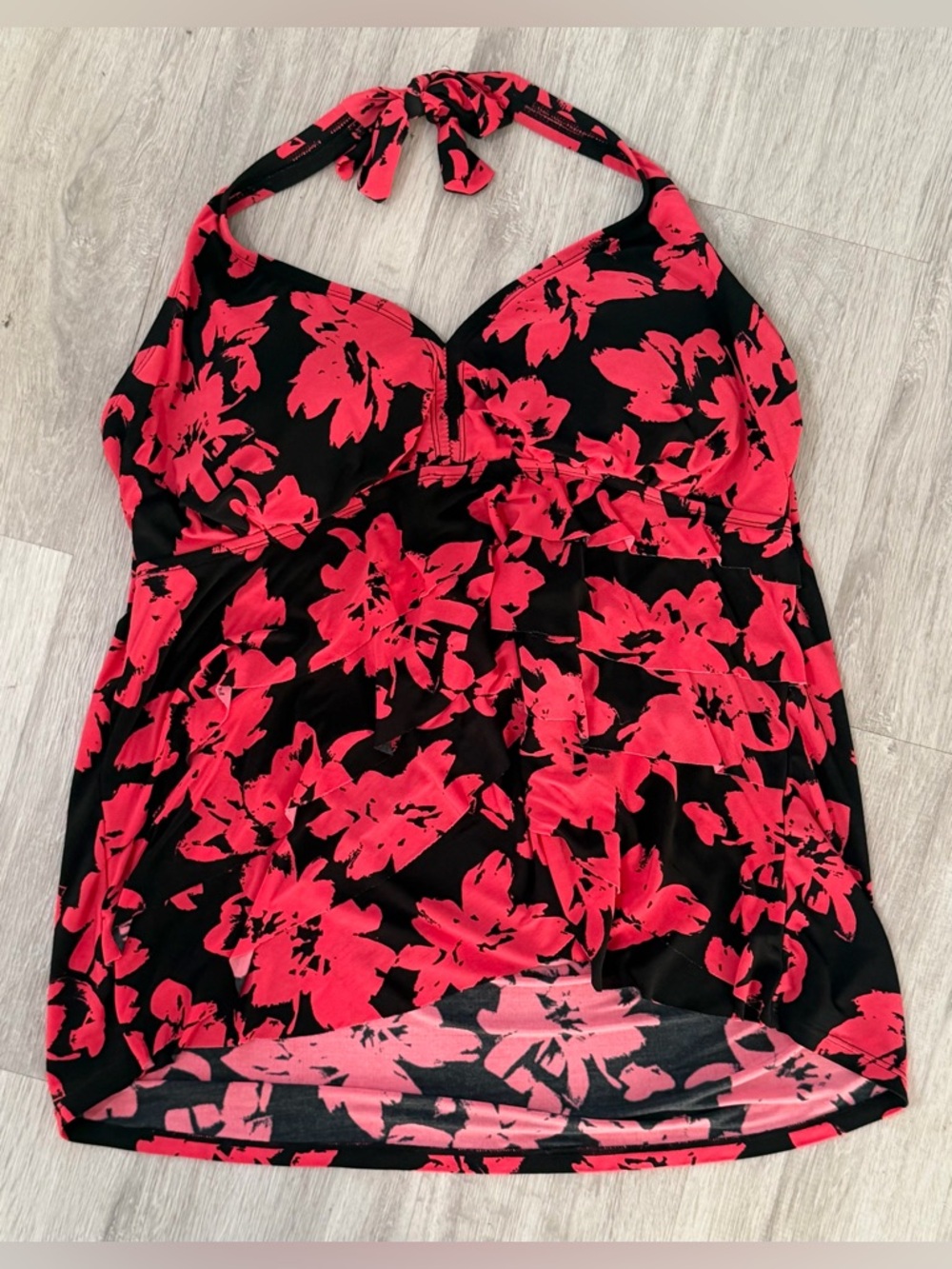 10: Aqua Green Black Halter Tankini Top with Red Floral Print - 16W